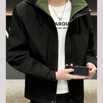 New Men's Fashion Casual Jackets Hooded Solid Zipper Pockets Camping Jackets Spring Autumn Brand Male Outdoor Sport Windbreaker