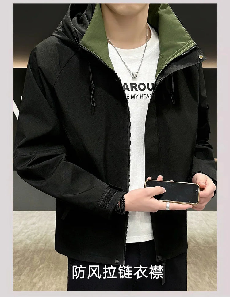 New Men's Fashion Casual Jackets Hooded Solid Zipper Pockets Camping Jackets Spring Autumn Brand Male Outdoor Sport Windbreaker