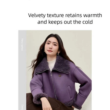 SENTUBILA Women's Faux Suede Coat Plush Lapel Zipper Faux Leather Cropped Jacket 2026 Winter Retro Ladies Outerwear W54PD5913