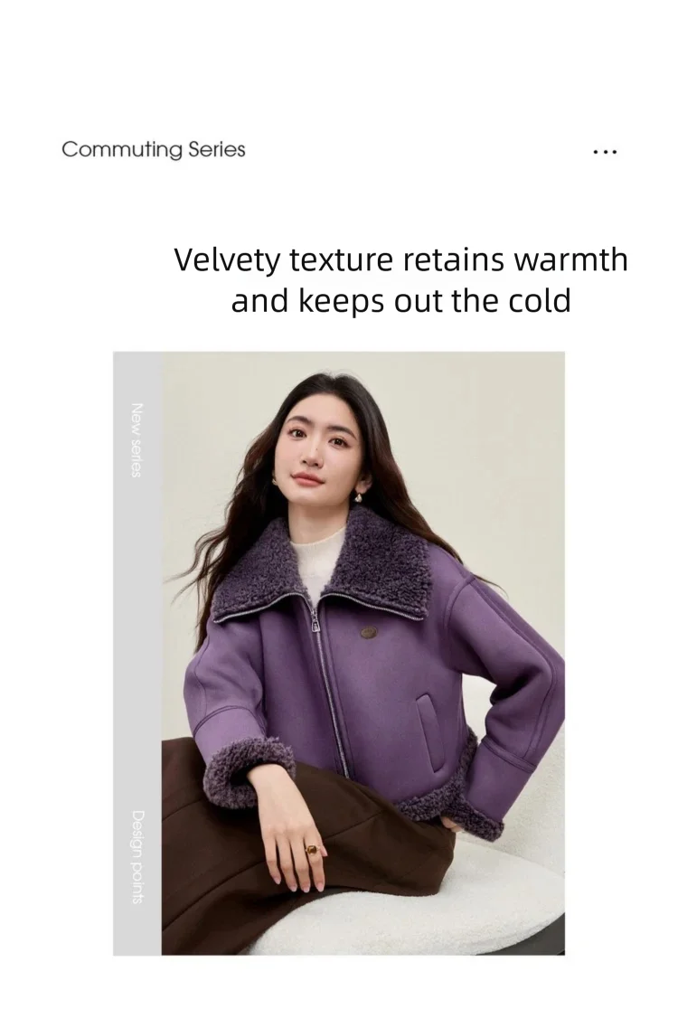SENTUBILA Women's Faux Suede Coat Plush Lapel Zipper Faux Leather Cropped Jacket 2026 Winter Retro Ladies Outerwear W54PD5913