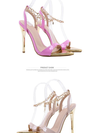 New Summer Sandals Women Fashion Gold Chain Ankle Strap Sexy Peep Toe Ladies Metal High Heels Sandals Woman Party Shoes Pumps PlatiNum