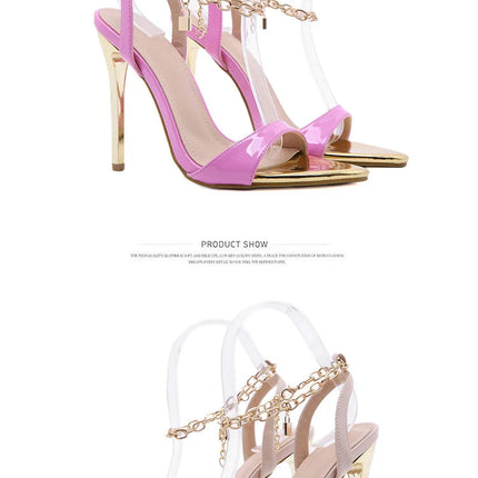 New Summer Sandals Women Fashion Gold Chain Ankle Strap Sexy Peep Toe Ladies Metal High Heels Sandals Woman Party Shoes Pumps PlatiNum