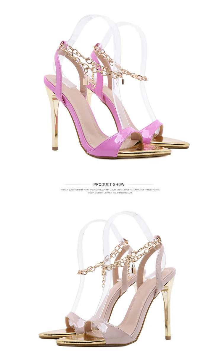New Summer Sandals Women Fashion Gold Chain Ankle Strap Sexy Peep Toe Ladies Metal High Heels Sandals Woman Party Shoes Pumps PlatiNum