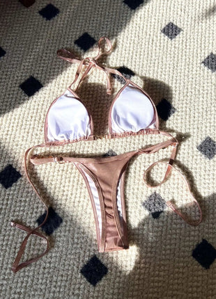 Micro Bikini Rosa Lucido da Donna, Sexy con Perle in PU, Push-Up, Perizoma, Costume da Bagno Estivo, con Lacci, per Vacanze PlatiNum