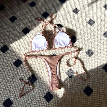 Micro Bikini Rosa Lucido da Donna, Sexy con Perle in PU, Push-Up, Perizoma, Costume da Bagno Estivo, con Lacci, per Vacanze PlatiNum