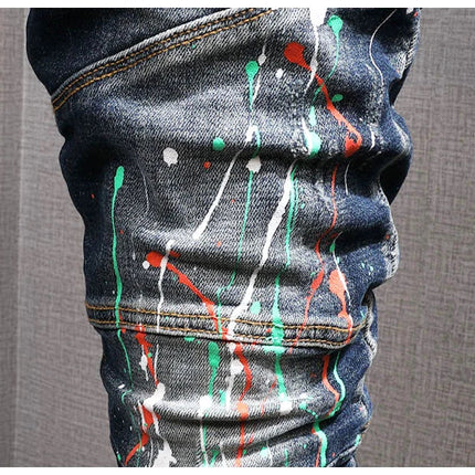 Fashion Streetwear Men Jeans Retro Black Blue Elastic Slim Fit Ripped Jeans Men Spliced Designer Embroidery Hip Hop Denim Pants PlatiNum