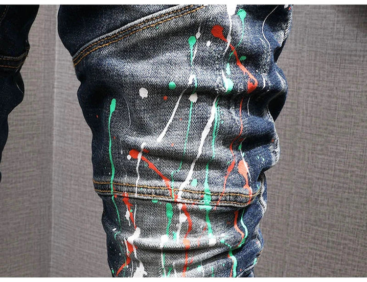 Fashion Streetwear Men Jeans Retro Black Blue Elastic Slim Fit Ripped Jeans Men Spliced Designer Embroidery Hip Hop Denim Pants PlatiNum