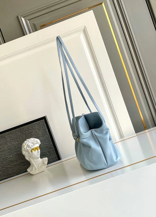 Borsa a secchiello mini in morbida pelle azzurra, borsa a tracolla di lusso multiuso