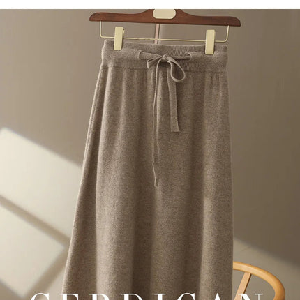 Autumn And Winter100% Pure Wool Skirt Women's Long Pocket Small A Skirt High Waist Slim Cashmere Knit A-Line Skirt PlatiNum