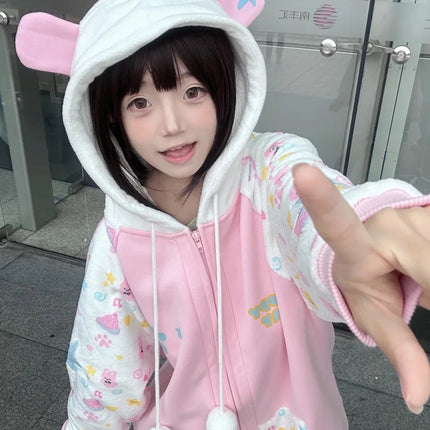 Harajuku Zip Hoodies Women Japanese Sweet Lolita Sweatshirts Kawaii Cartoon Print Y2k Hooded Overcoat Korean Fashion Clothes Top