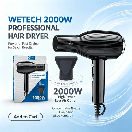 WETECH 2000W Professional Hair Dryer Salon High Power Blow Dryer With Concentrator Nozzle Cool Shot Function Fast Drying Household Hair Styling Tool