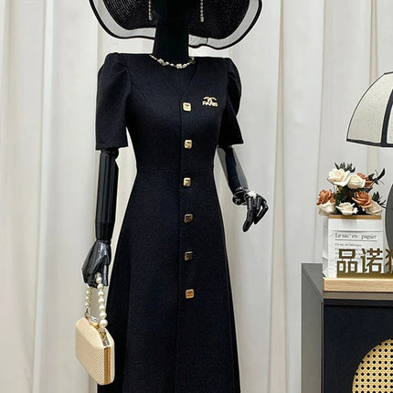 Women's Lautaro Spring-Summer Black Slim Elegant Dresses, V-Neck with Puff Short Sleeves and Buttons, Chic Luxury Designer Clothing