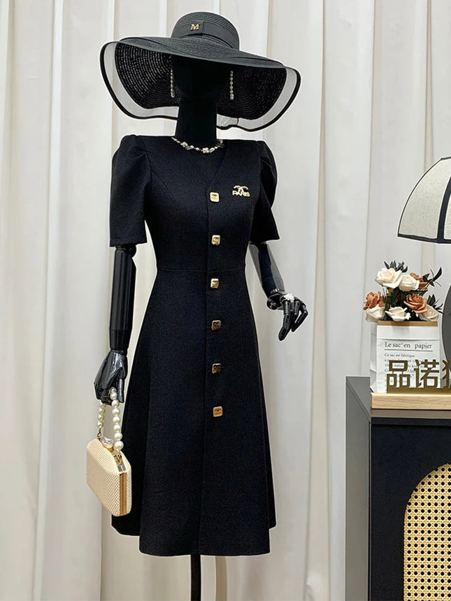 Lautaro Black Slim Elegant Dresses Spring-Summer for Women, V-Neck with Puffed Short Sleeves