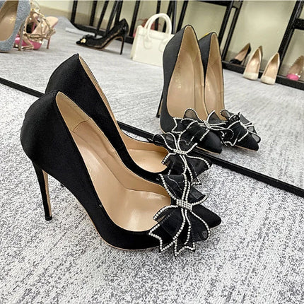 Blingbling strass festa da sera estiva tacchi alti donna 8-12 cm moda fiocco-nodo partito pompe eleganti scarpe da donna taglia 34-45