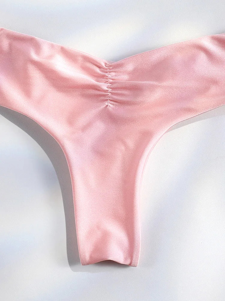 Set Bikini Sexy con Pieghe, Micro Bikini Tinta Unita, Costume da Bagno Femminile a Triangolo, Abbigliamento da Spiaggia platinumshop
