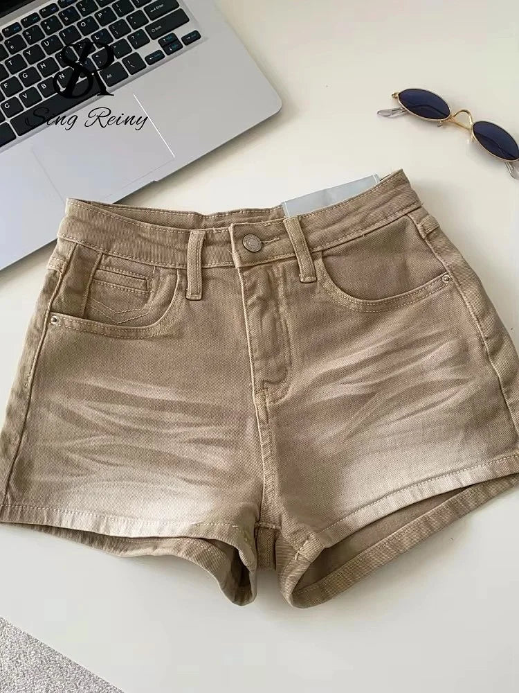 SINGREINY Pantaloncini in denim sfumato da donna, di alta qualità, estetici, casual, comodi, stile americano retrò, basici, da spiaggia