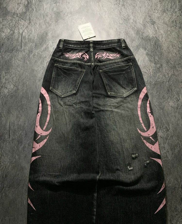 Pantaloni in denim Jeans da donna Pantaloni lunghi a gamba larga Pantaloni dritti a vita alta con foro Y2k Streetwear Stampa Jeans mamma Casual Allentati 2025