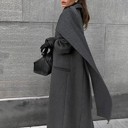Elegant Big Scarf Collar Women's Coat Fashion Double Breasted Pockets Overcoats 2026 Autumn New High Street Oversize Outerwears