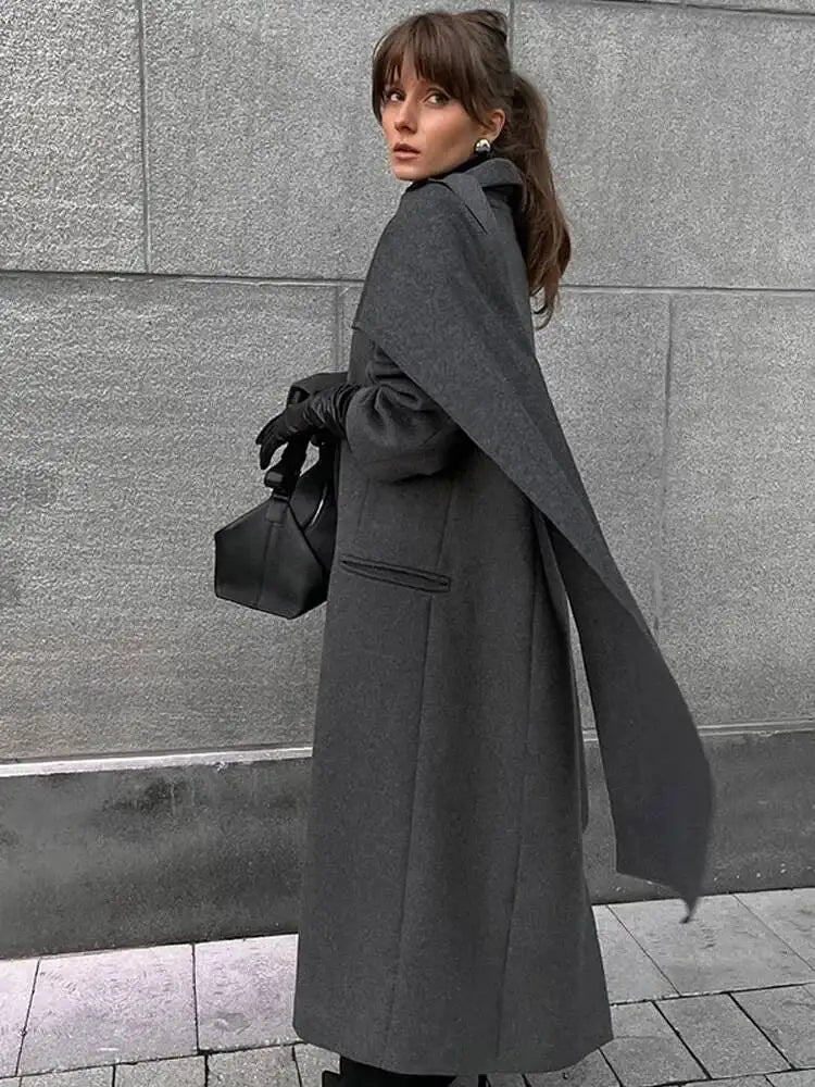 Elegant Big Scarf Collar Women's Coat Fashion Double Breasted Pockets Overcoats 2026 Autumn New High Street Oversize Outerwears