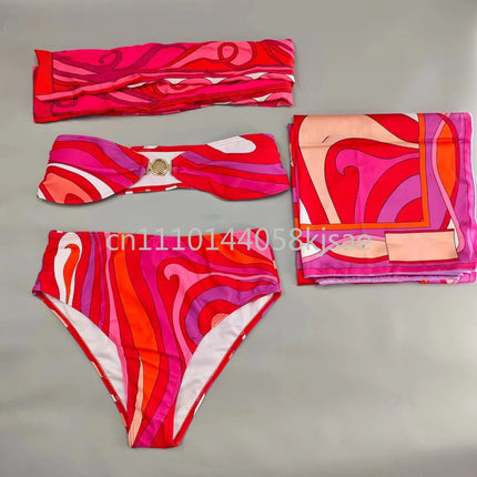 Set Bikini Rosso da Donna dal Design Classico, Costume da Bagno di Marca alla Moda con Fascia per Capelli platinumshop