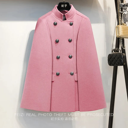 French Elegant Retro Hepburn Style Stand Collar Double-breasted Loose Temperament Commuter Woolen Jacket Cape Cloak Women Autumn
