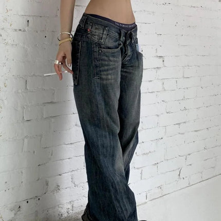 Jeans Vintage Blu Deeptown Y2k da Donna, Stile Giapponese Harajuku a Vita Bassa, Pantaloni in Denim Baggy Stile Anni 2000, Streetwear Americano Autunnale