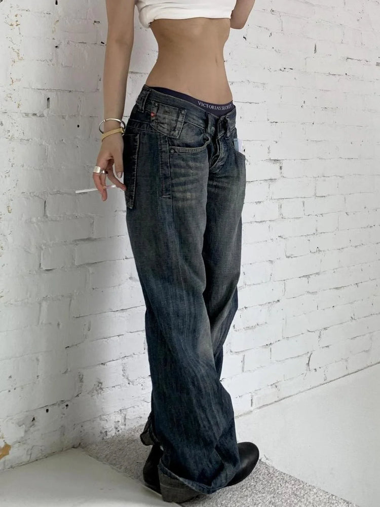 Jeans Vintage Blu Deeptown Y2k da Donna, Stile Giapponese Harajuku a Vita Bassa, Pantaloni in Denim Baggy Stile Anni 2000, Streetwear Americano Autunnale