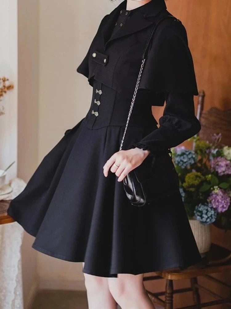 Autumn Japanese Gothic Y2k 3 Piece Set Women Elegant Long Sleeve Shirt Shawl Coat Slim Strap Dresses Korean Female Dark Outfits