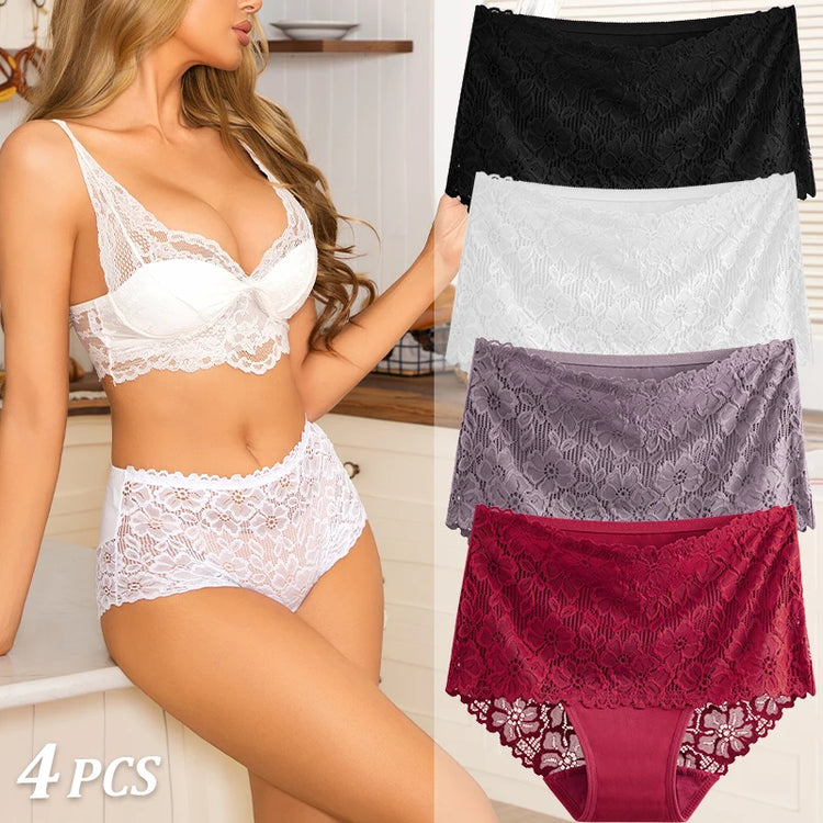 4PCS/SET Women's Sexy Lace Panty Hollow Out High Waist Women's Briefs Breathable Comfortable Underwear Plus Size Women Lingerie