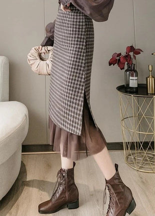 Woolen plaid skirt autumn and winter 2025 new plaid foreign style small man a word hip wrap medium and long skirt PlatiNum