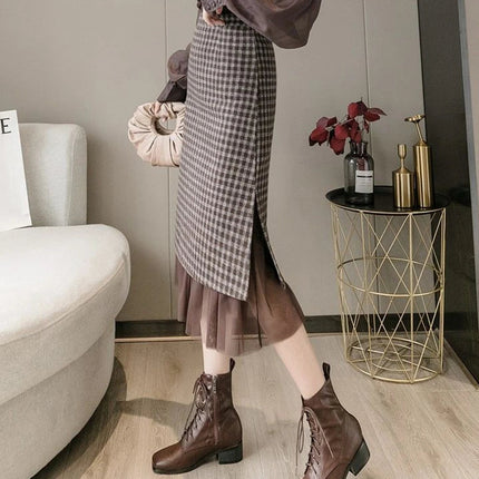 Woolen plaid skirt autumn and winter 2025 new plaid foreign style small man a word hip wrap medium and long skirt PlatiNum