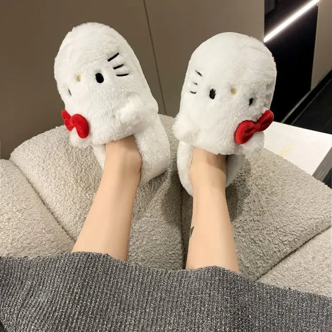 Adorables chaussons en peluche Hello Kitty Anime pour femmes, chaussures en coton Sanrio Kawaii, chaussures de chambre douces pour étudiantes, cadeaux pour filles pour les fêtes d'hiver