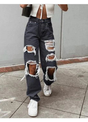 Jeans in denim effetto consumato da donna Pantaloni a tubo larghi casual dritti con foro strappato Street Style