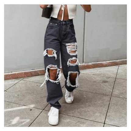 Jeans in denim effetto consumato da donna Pantaloni a tubo larghi casual dritti con foro strappato Street Style