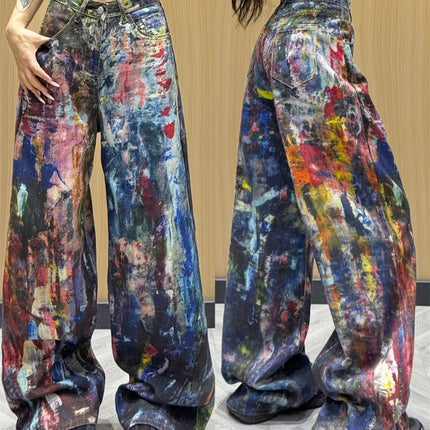 Jeans Americani da Donna a Vita Alta e Gamba Dritta, Pantaloni in Denim Colorati con Effetto Schizzi d'Inchiostro, Pantaloni Larghi Stile Cowboy per l'Autunno