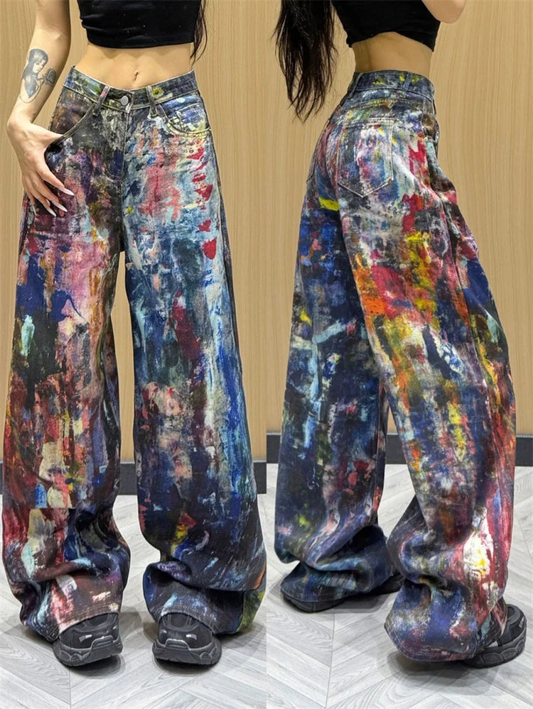 Jeans Americani da Donna a Vita Alta e Gamba Dritta, Pantaloni in Denim Colorati con Effetto Schizzi d'Inchiostro, Pantaloni Larghi Stile Cowboy per l'Autunno