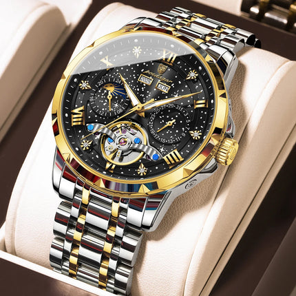 POEDAGAR Top Orologio da uomo originale Orologio meccanico automatico da uomo in acciaio inossidabile Calendario Hollow Tourbillon Orologio da uomo Maschio + scatola platinumshop