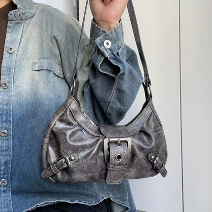Y2K Vintage Distressed Leather Women Bag Shoulder Bag Maillard Style Underarm Purse Two Tone Crossbody Bag for Women PlatiNum