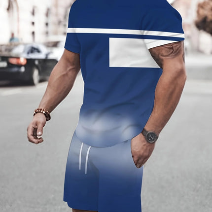 2026 Summer New Arrival Men's Casual Two-piece Set 2026 Striped Print Short Sleeve Shirt and Sports Shorts Men's Fitness Set