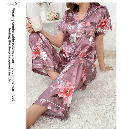 Pigiama in raso per donna pigiameria con stampa floreale autunno vestiti per la casa Soft Comfort top e pantaloni a maniche corte pigiama pigiama Femme