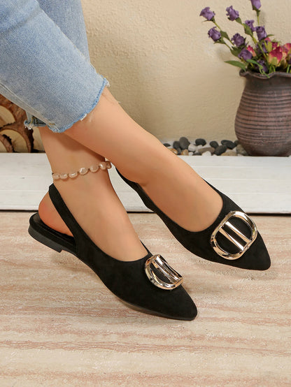 French Pointed-toe Metal Flat Shoes Baotou Sandals Shallow-mouth Single Shoes Foreign-style Explosive Internet Celebrity