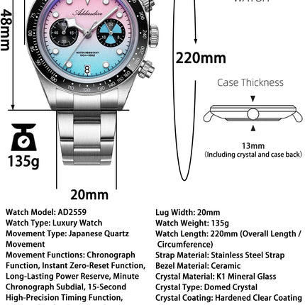 ADDIESDIVE AD2559 Men's Vintage Racing Watch Luxury Quartz Chronograph VK64 Ceramic Bezel K1 Mineral Crystal 100M Waterproof