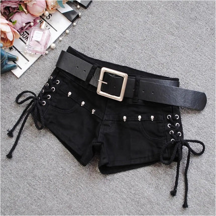 Korean Low Rise Denim Shorts 2024 - Riveted Lace Up Bodycon Black Hot Pants Vintage Cheeky Booty Summer TikTok Y2K Outfit PlatiNum