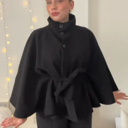 Elegant Women's Belt Short Woolen Coats Loose Stand Collar Single-breasted Long Sleeve Jacket 2026 Autumn Lady Commute Outwear