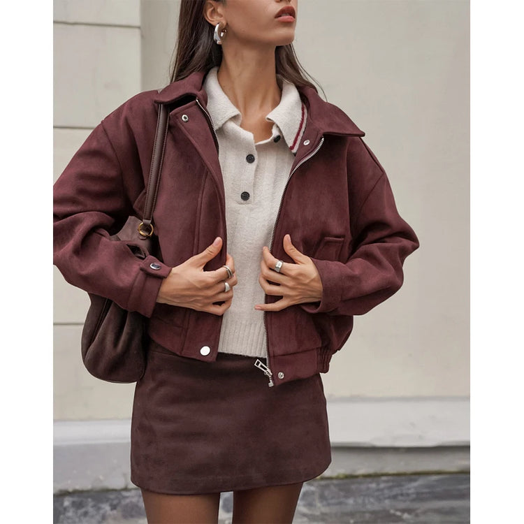 Brown Suede Leather Short Coats Women Solid Stand Collar Zipper Waist Belted Cropped Jackets 2026 Lady Autumn Y2k Casual Outwear