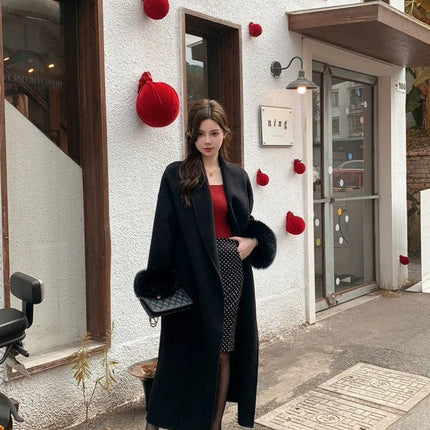 Lace Up Lapel Cashmere Wool Coat For Women's Winter Fashion Female Woolen Jackets Fur Long Sleeve Loose Overcoats
