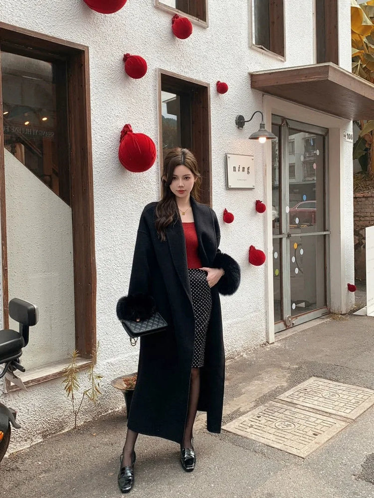 Lace Up Lapel Cashmere Wool Coat For Women's Winter Fashion Female Woolen Jackets Fur Long Sleeve Loose Overcoats