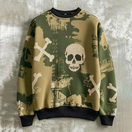 Men's Skull Print Sweatshirt Street Style Retro Graffiti Fashion Pullover Autumn Harajuku Style Casual Loose Crew Neck Top