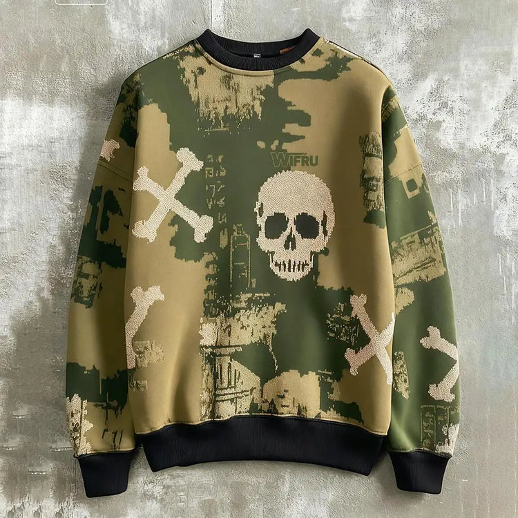 Men's Skull Print Sweatshirt Street Style Retro Graffiti Fashion Pullover Autumn Harajuku Style Casual Loose Crew Neck Top