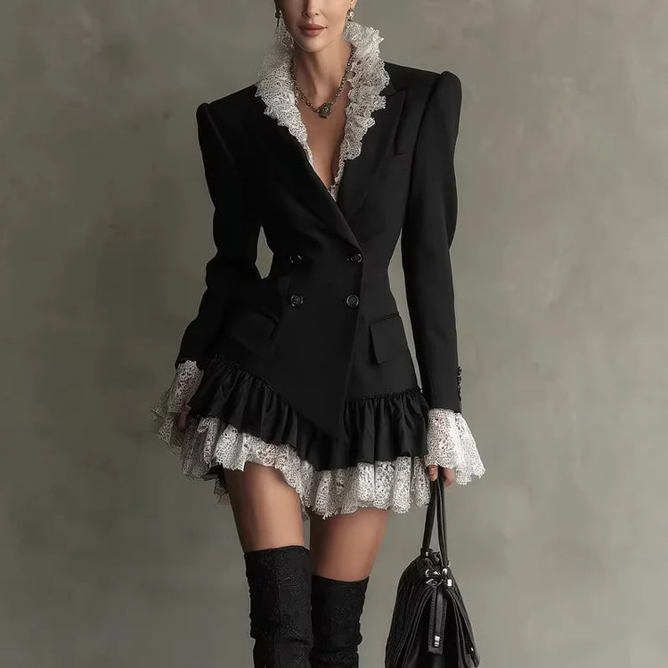Chic Patchwork Lace Blazer Dress Women Autumn Winter Commute Lapel Long Sleeve Slim Fit Mini Dresses Double Breasted Suit Dress
